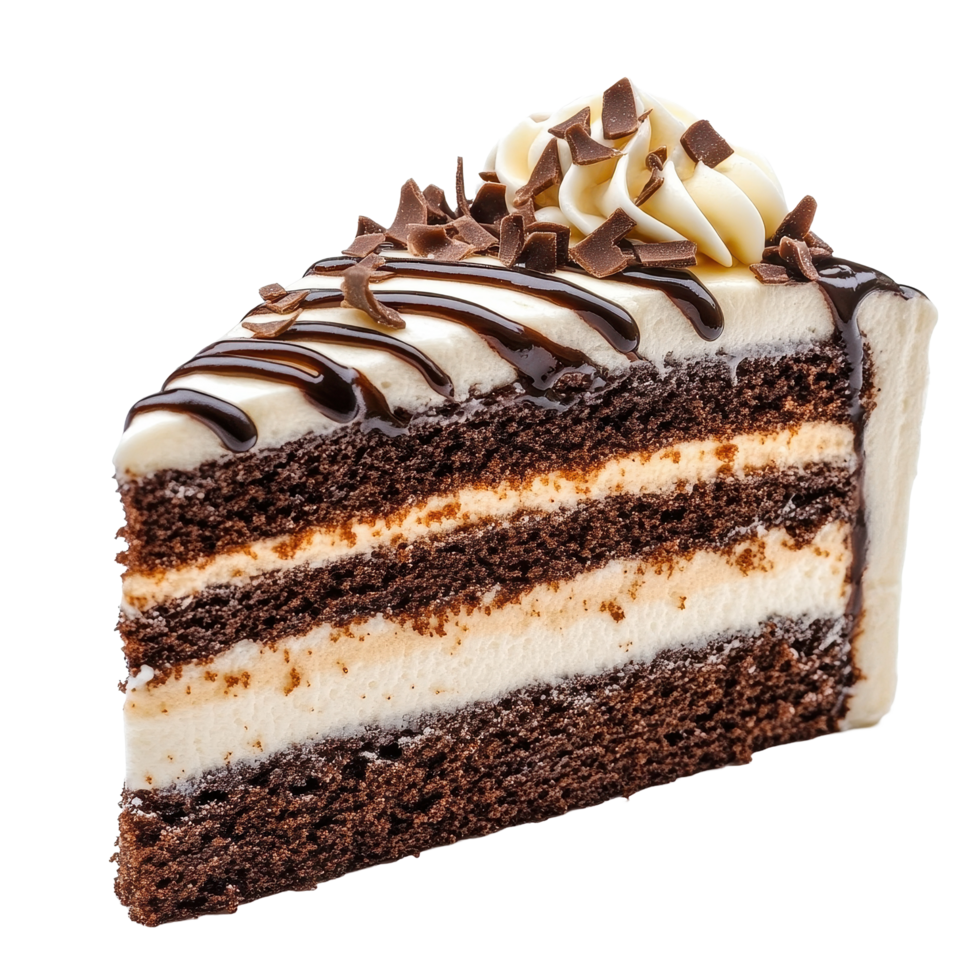 Delicious chocolate cake slice with cream and chocolate shavings on Transparent background, Pastry cake isolated on background png