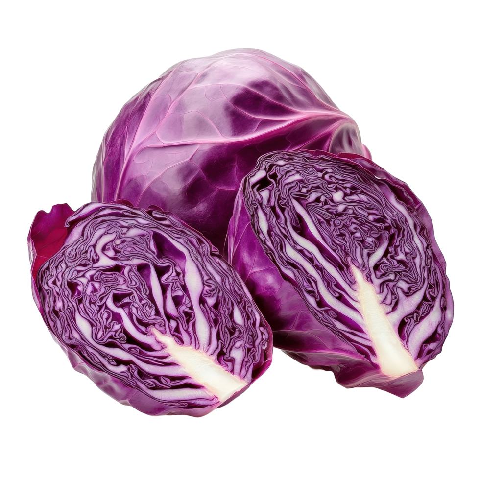 Sliced red cabbage pieces isolated on a Transparent background ready for culinary use in salads or garnishes, sliced of red cabbage isolated on background png