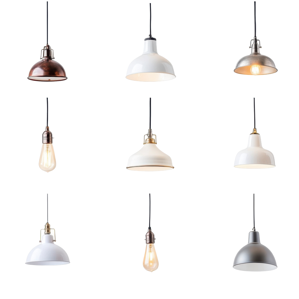 Unique collection of light fixtures displayed on a Transparent background for modern decor inspiration, light fixtures isolated on background png