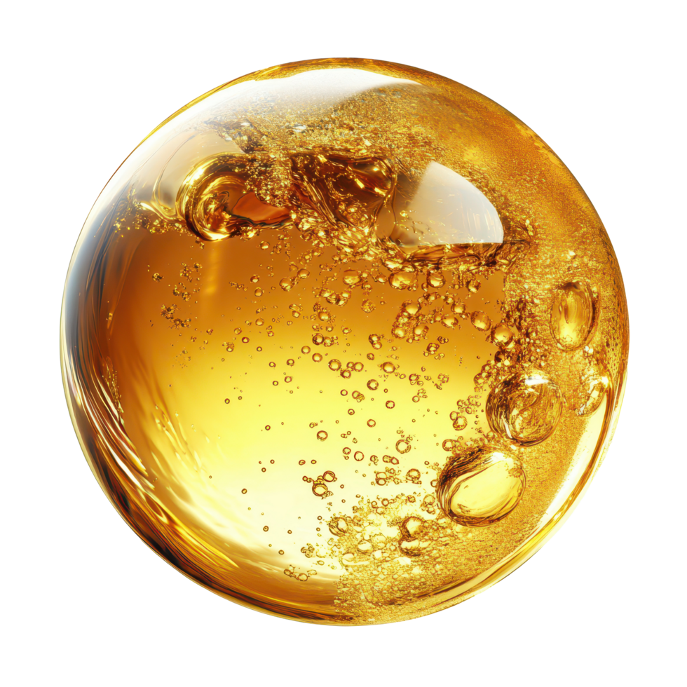 Golden liquid oil bubble against a stark white background showcasing vibrant texture and movement, Golden liquid oil bubble white background png