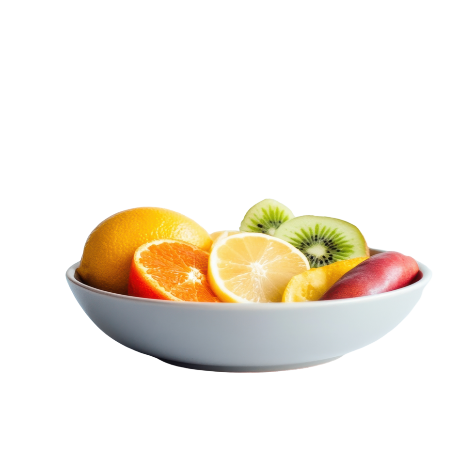 Freshly sliced fruit arranged in a bowl on a clean white surface for a healthy snack, bowl sliced fruit sitting on a white surface png