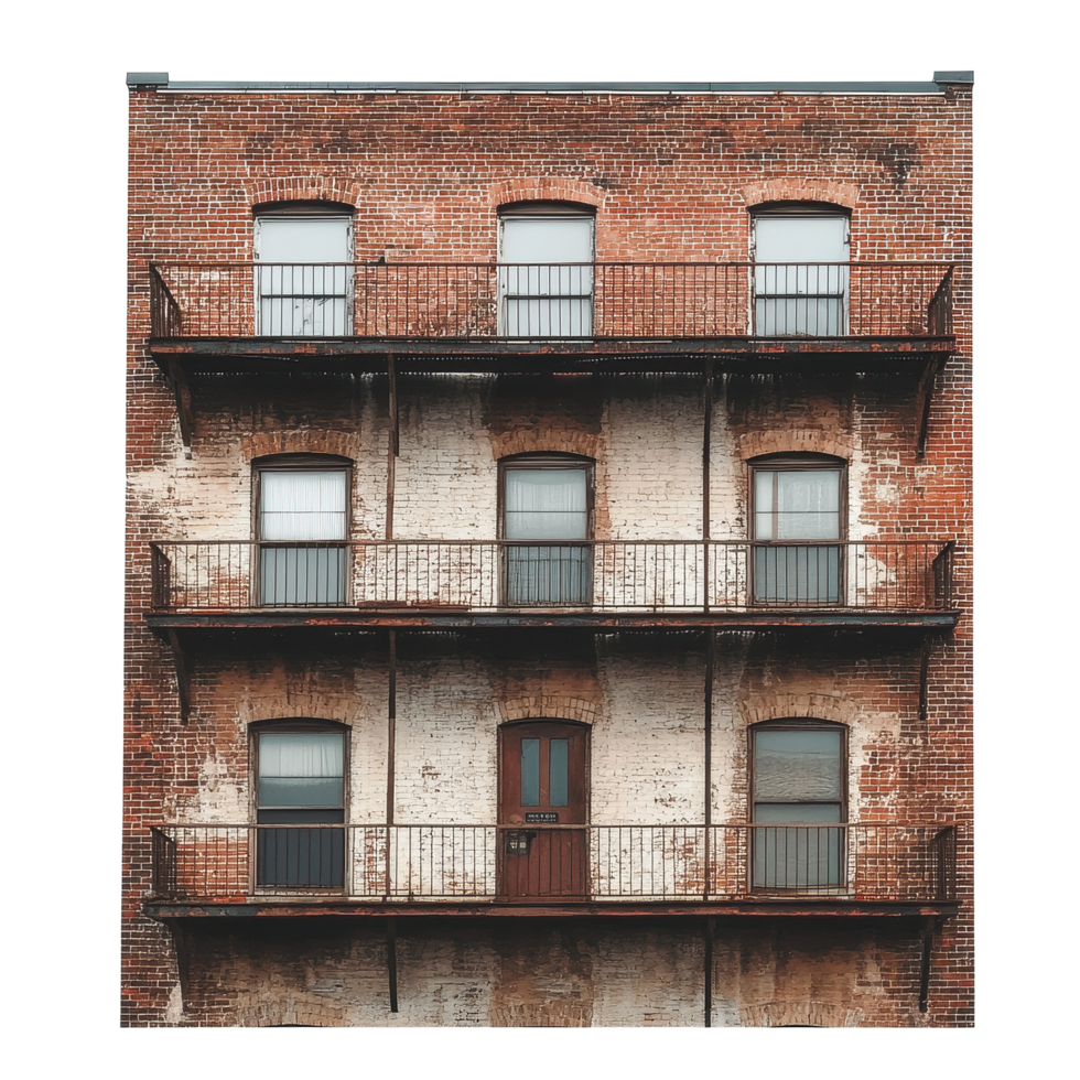 Brick building with balconies showcasing vintage architectural design in an urban environment, large brick building with a balcony and a balcony, Transparent background png