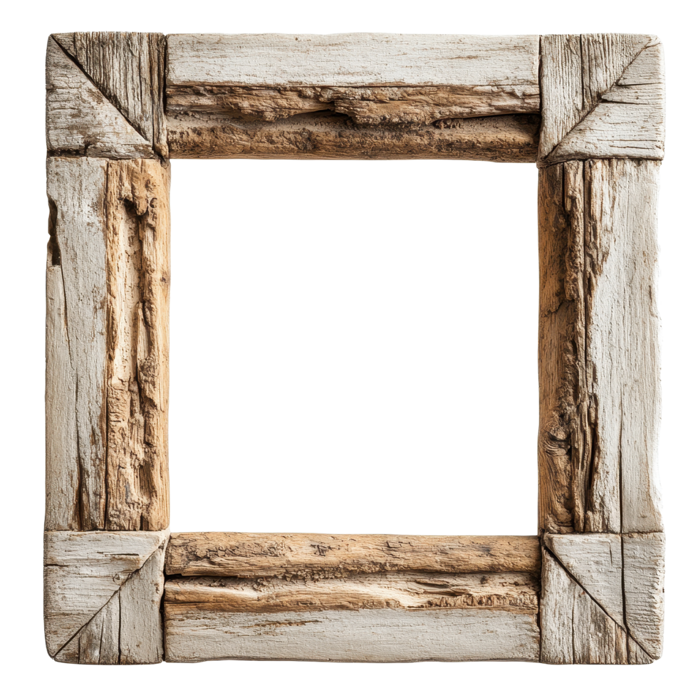 Rustic wooden frame with ornamental design isolated on Transparent background for artistic display and decoration, Old rustic ornamental wooden frame isolated on background png