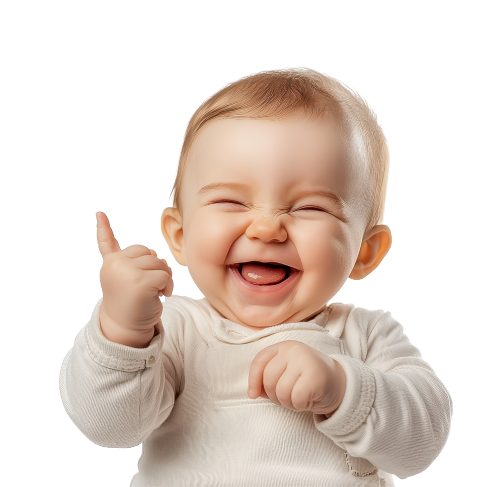 Happy baby making a joyful gesture on a bright white background while enjoying a playful moment, Happy Baby Gesture on white background png