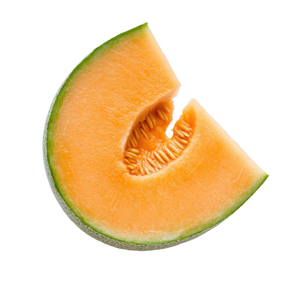 Fresh slice of cantaloupe melon on Transparent background showcasing vibrant orange flesh, slice cantaloupe melon isolated on background png