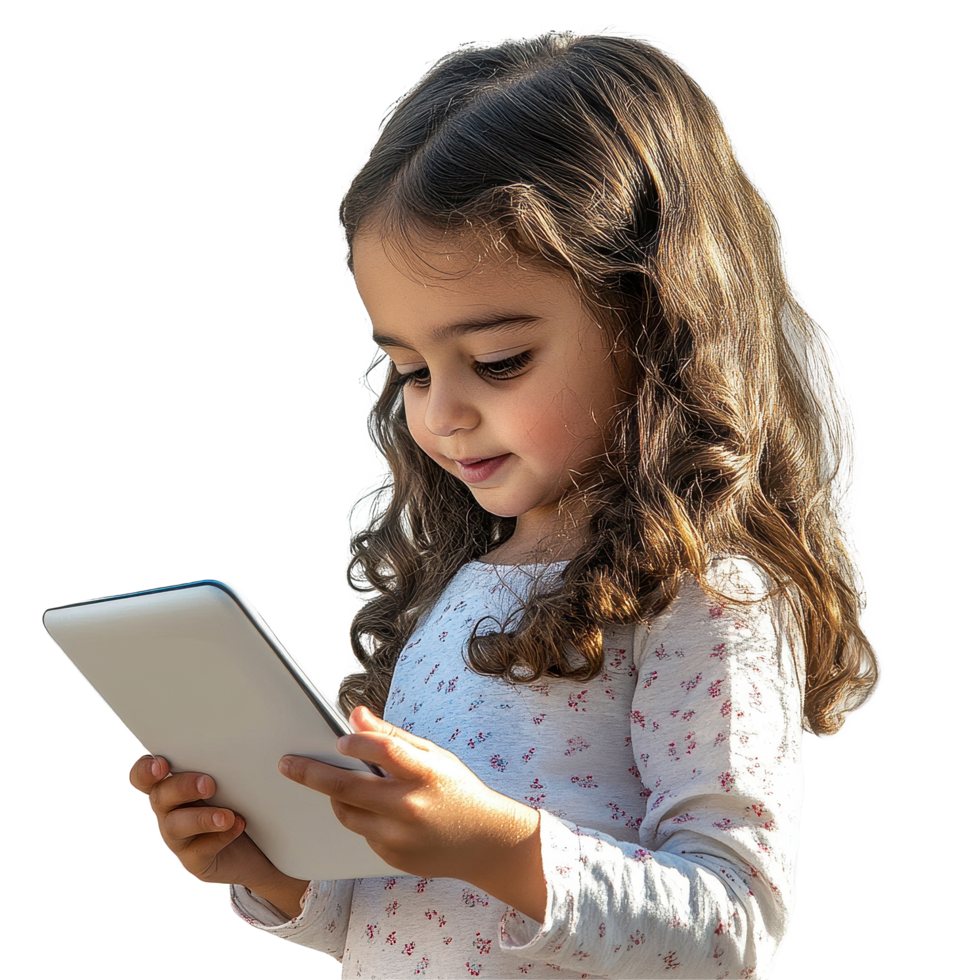 Young girl engaging with a tablet, exploring digital content with curiosity in a bright environment, kid girl using tablet, file of isolated object with shadow on White background png
