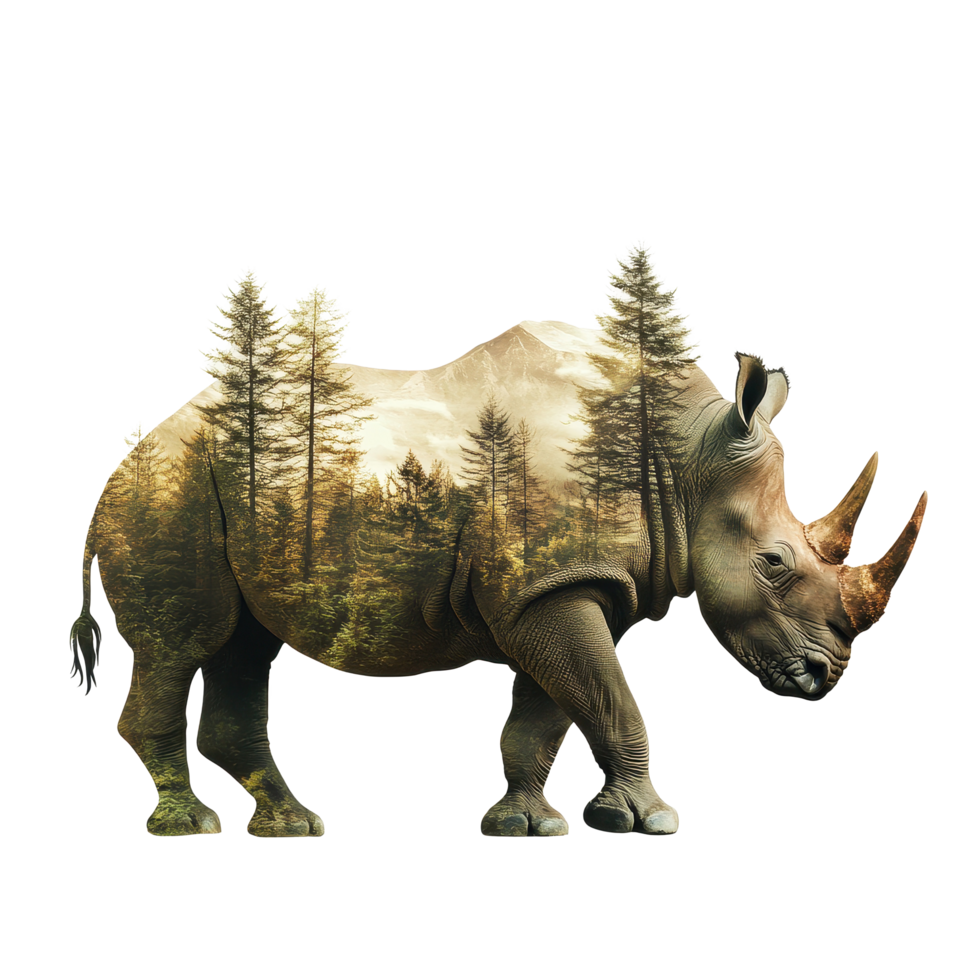 Power of nature revealed through double exposure of a rhino and a dense forest landscape, Rhino and forest double exposure, concept of power of the nature with White background png