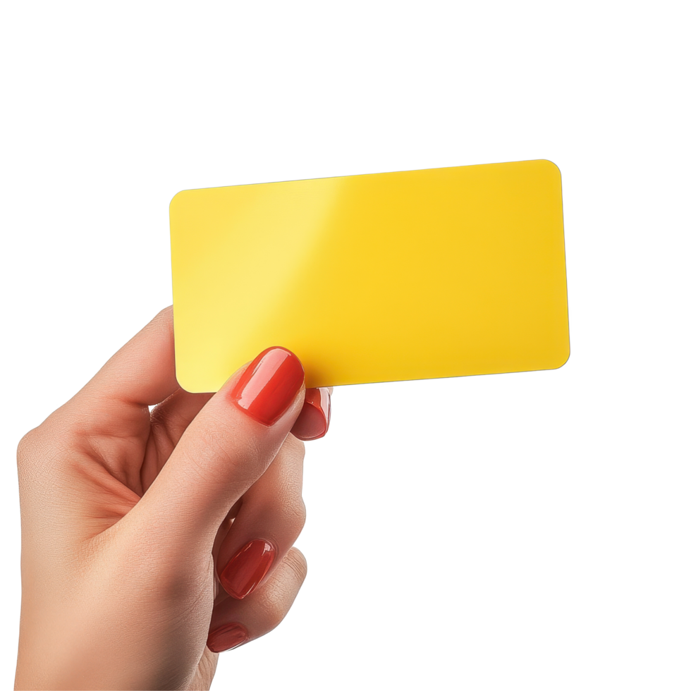 Hand holding a vibrant yellow plastic card against a white background in a bright setting, Image hand holding yellow plastic card isolated on white background png