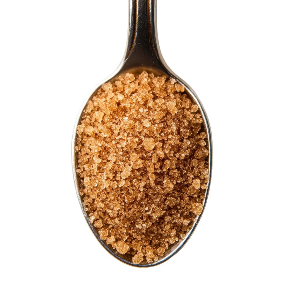 Brown sugar in a silver spoon on a white background highlighting its texture and color, brown sugar in spoon on white background png