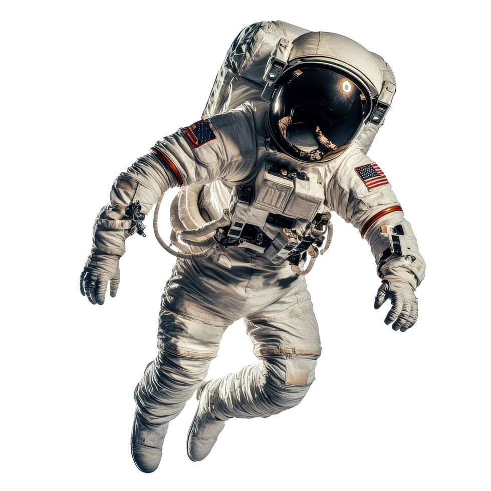 Cosmonaut in white spacesuit floating against a plain backdrop, Cosmonaut on Transparent background png