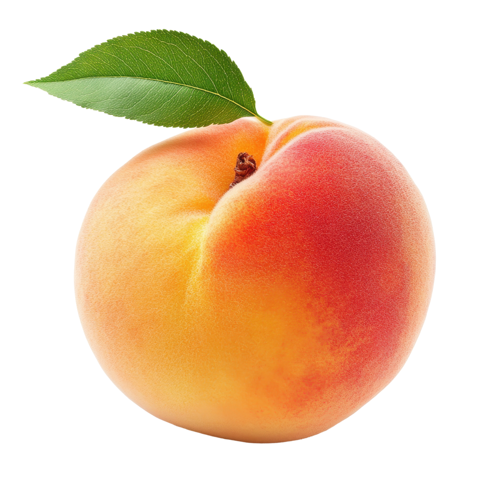 Fresh ripe peach with a vibrant green leaf against a clean Transparent background ideal for culinary use, Peach with leaf isolated on background png