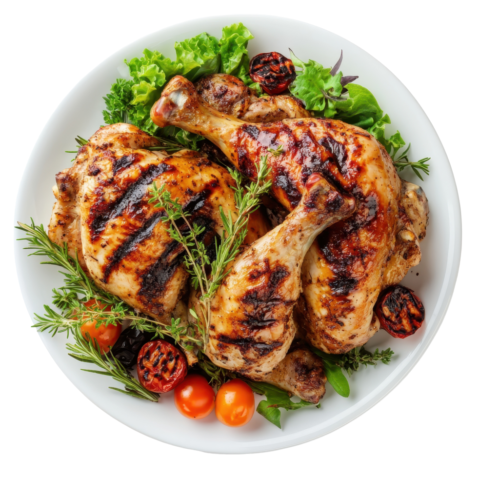 Grilled chicken plate served on Transparent background with fresh greens and vegetables, Whole grilled chicken plate isolated on background png