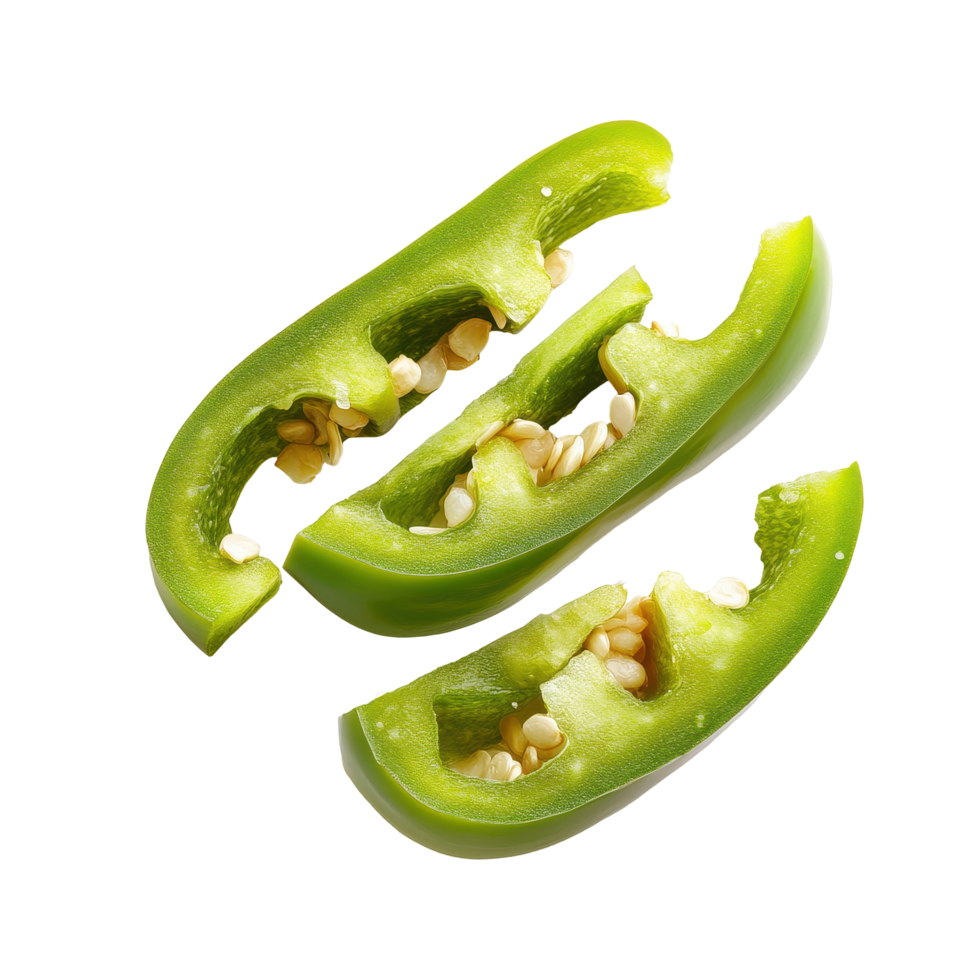 Fresh green pepper slices isolated on Transparent background showcasing vibrant color and texture, red pepper slices isolated on background png