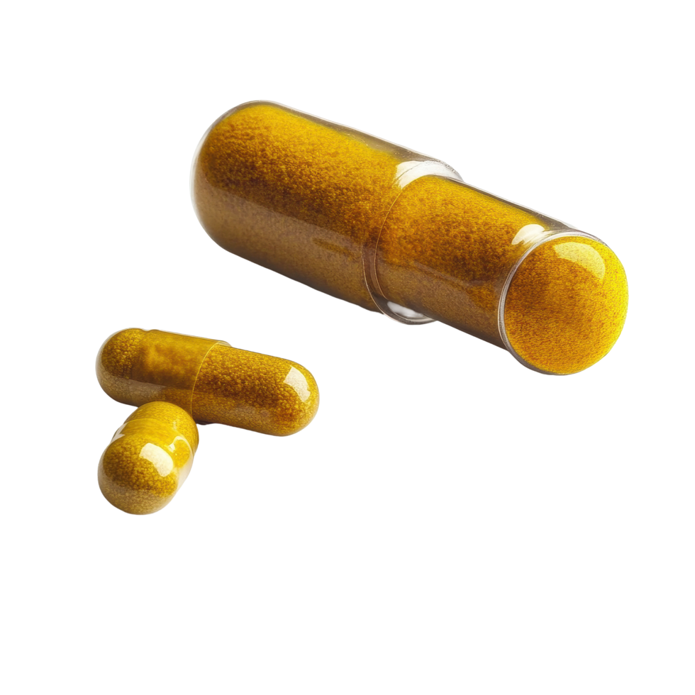 Turmeric and turmeric capsules displayed on a Transparent background with yellow powder, Turmeric and turmeric capsules isolated on background png