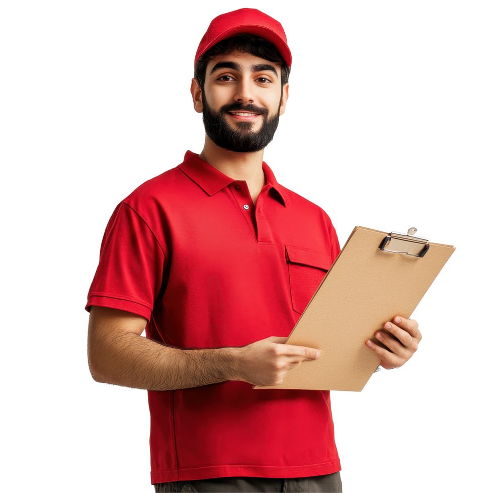 Delivery man holding clipboard while dressed in a red uniform against a light background, Delivery man with clipboard on light background png