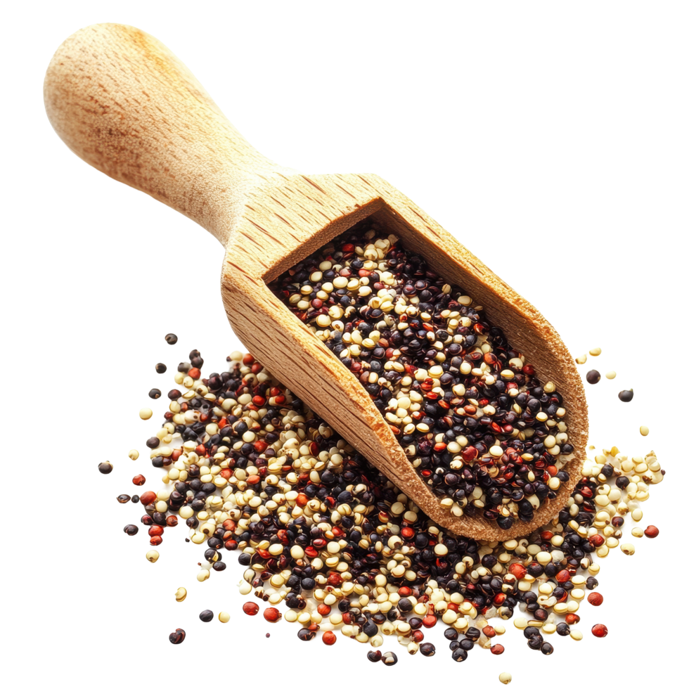 Mixed raw quinoa pile spilling from a wooden scoop on a clean Transparent background, Pile of mixed raw quinoa in wood scoop isolated on background png