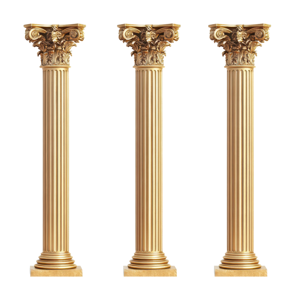 Golden antique pillars create a classic atmosphere perfect for architecture enthusiasts, Golden columns, Classic antique gold pillars isolated on white background png