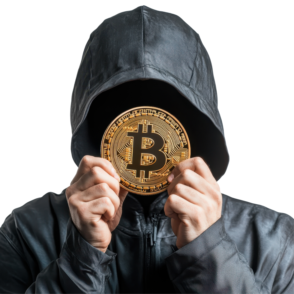 hacker innehav en bitcoin mot en enkel vit bakgrund i en digital finansiera representation, hacker innehav bitcoin på vit bakgrund png