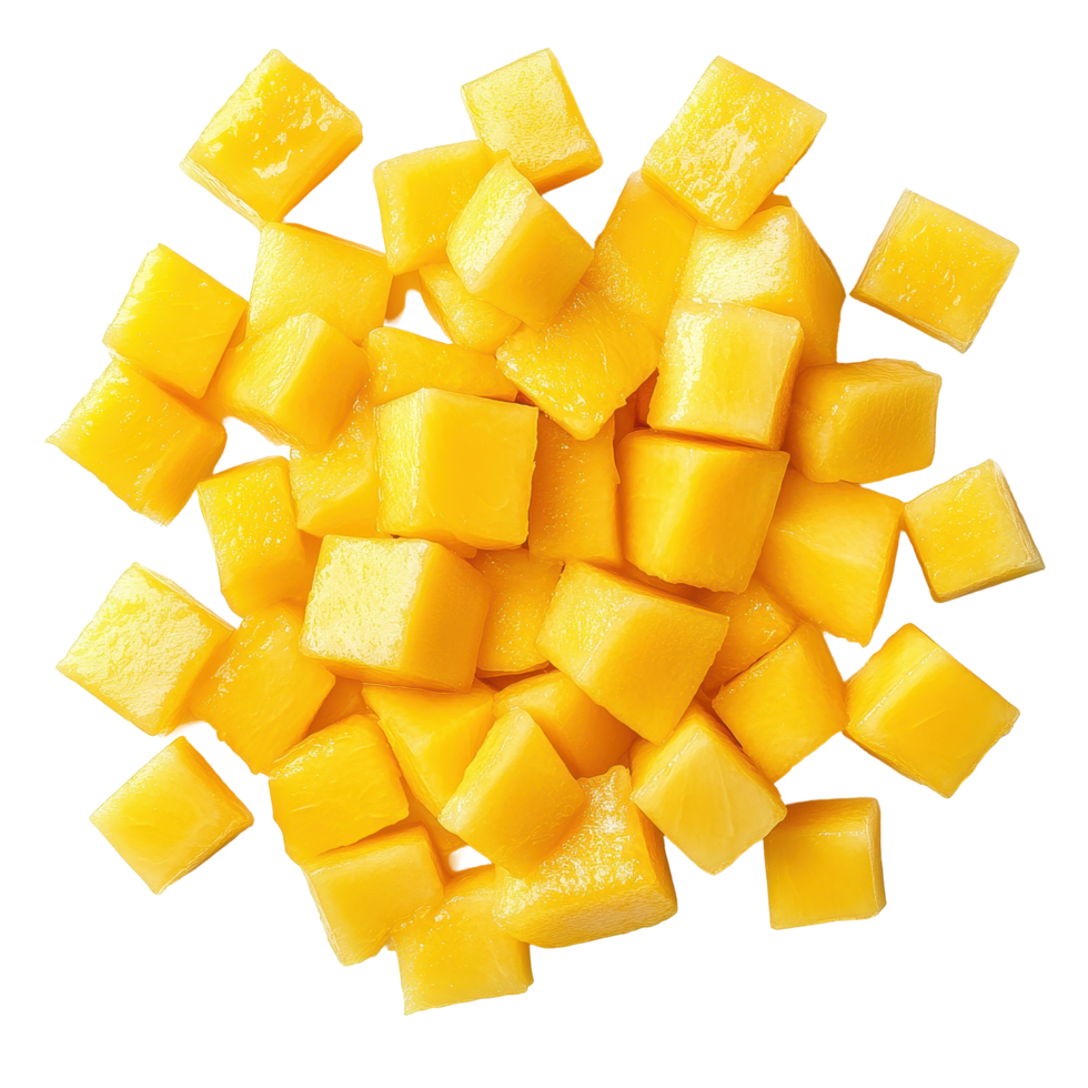 Fresh mango slices cut into cubes neatly isolated on Transparent background for culinary presentation, Mango slice cut to cubes closeup isolated on background png