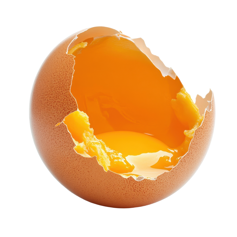Broken raw chicken egg with bright yolk and shell fragments on a Transparent background, Golden brown fried chicken isolated on background png