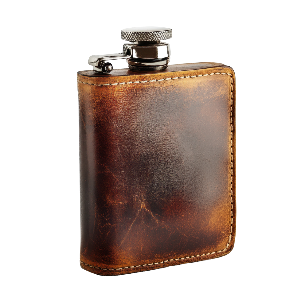 Stylish leather pocket flask ideal for carrying whiskey on various outdoor adventures, Isolated flask pocket flask hip flask bottle whisky alcohol, white background png