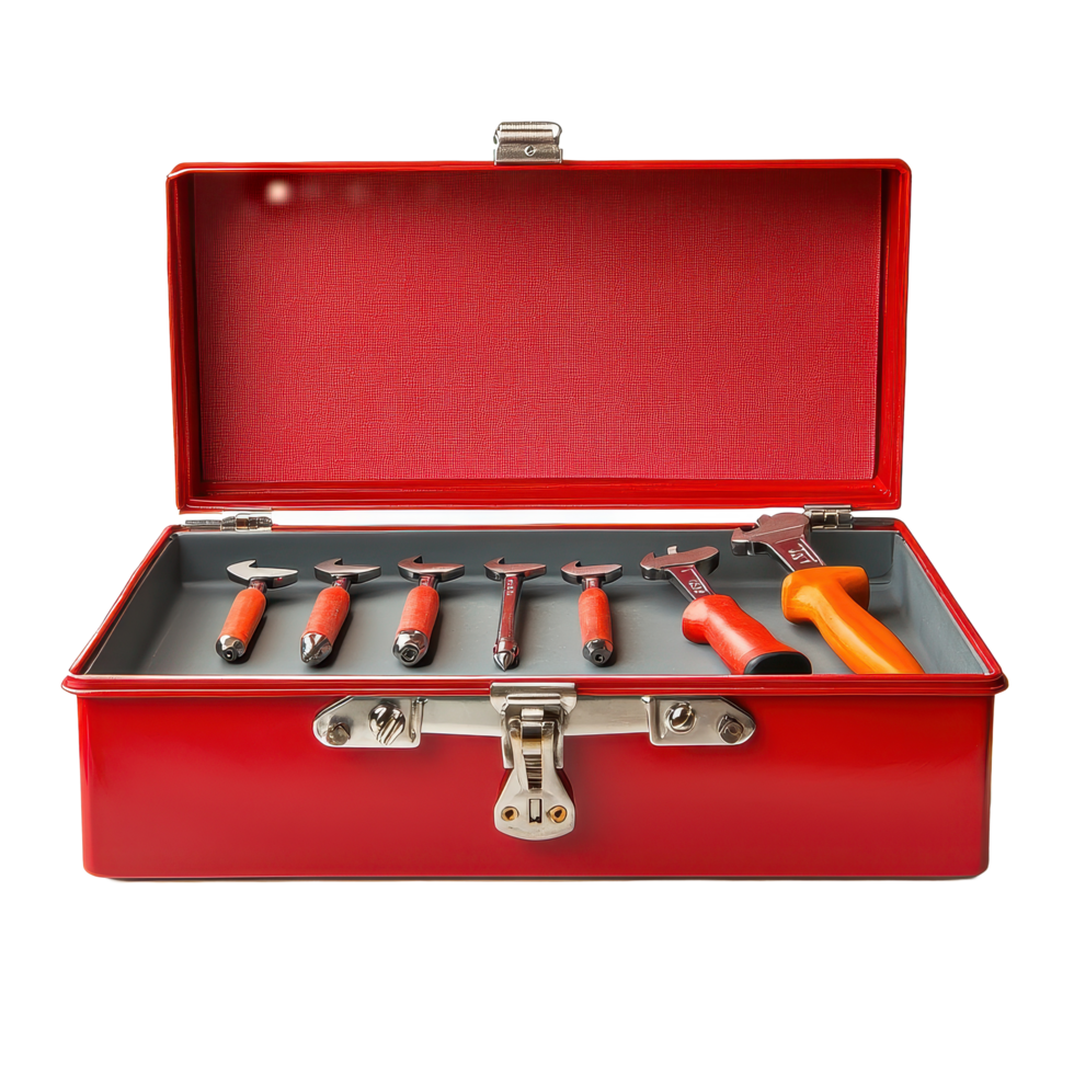 Open tool box displaying an array of hand tools against a Transparent background for home improvement projects, Open Tool Box isolated on background png