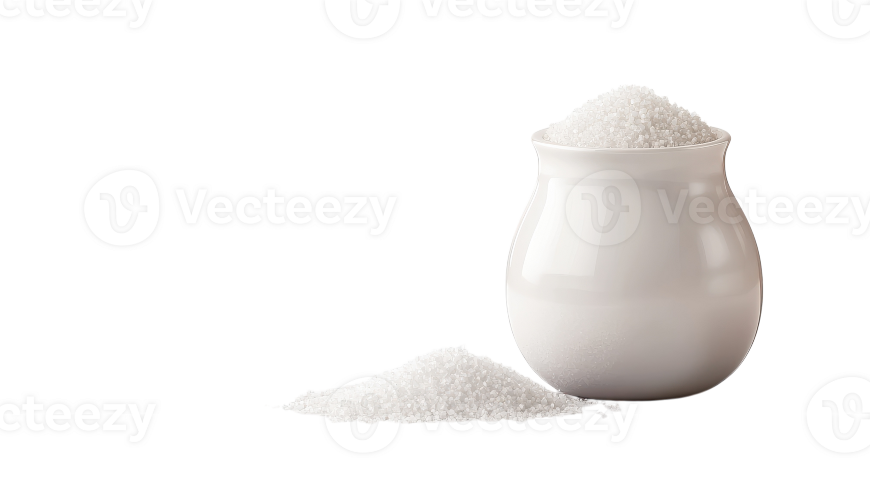 White sugar in a ceramic jar with granules spilled on a transparent background, emphasizing the texture and purity of the sugar. png