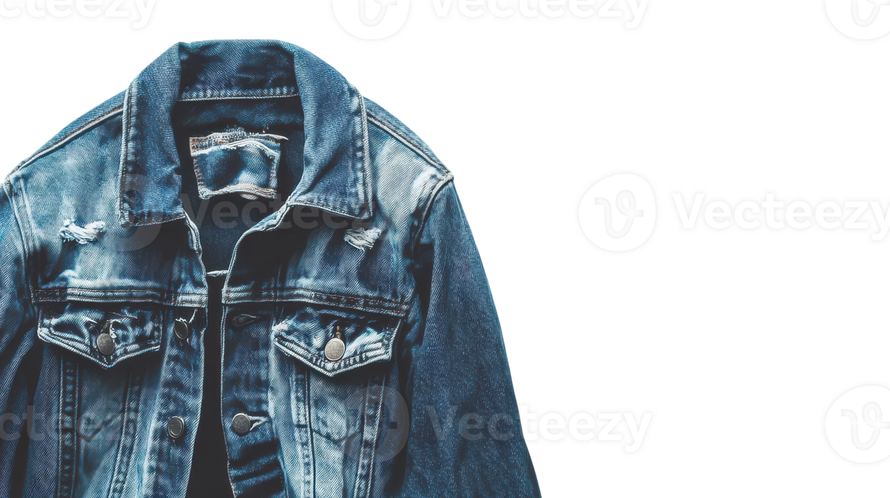 Classic blue denim jacket with distressed details displayed on a plain background. png