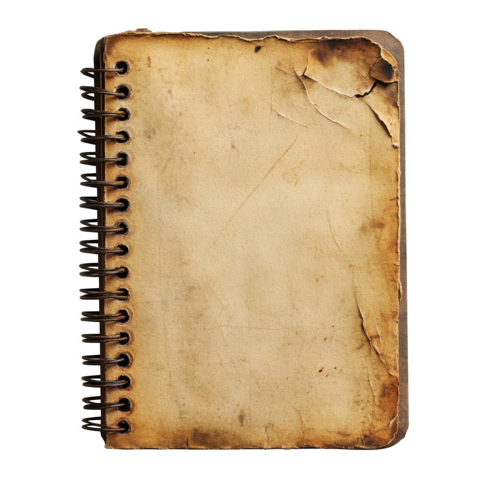 Grunge style spiral notebook with worn edges isolated on white background for creative projects, grunge notebook with spiral isolated on white background png
