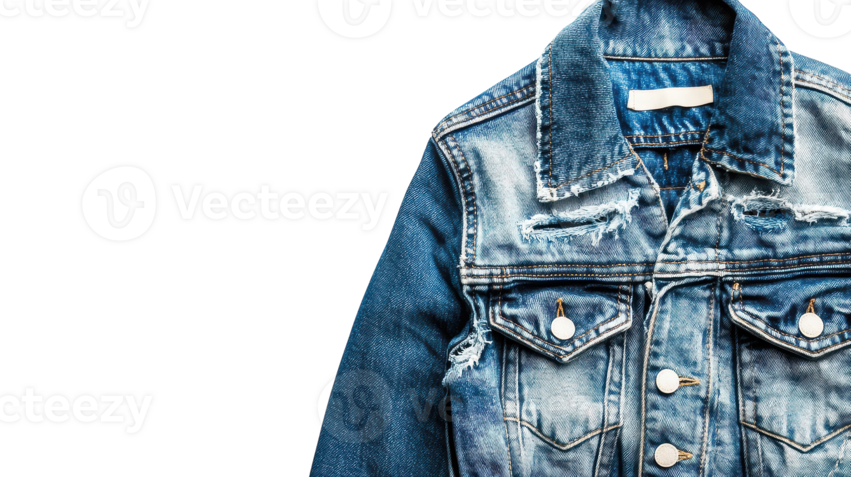 Denim jacket with distressed details displayed on a transparent background for fashion showcasing or design purposes. png