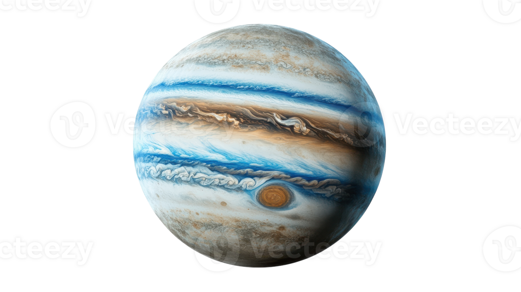 A detailed view of Jupiter showcasing its stunning bands of clouds and the Great Red Spot against a transparent background. png