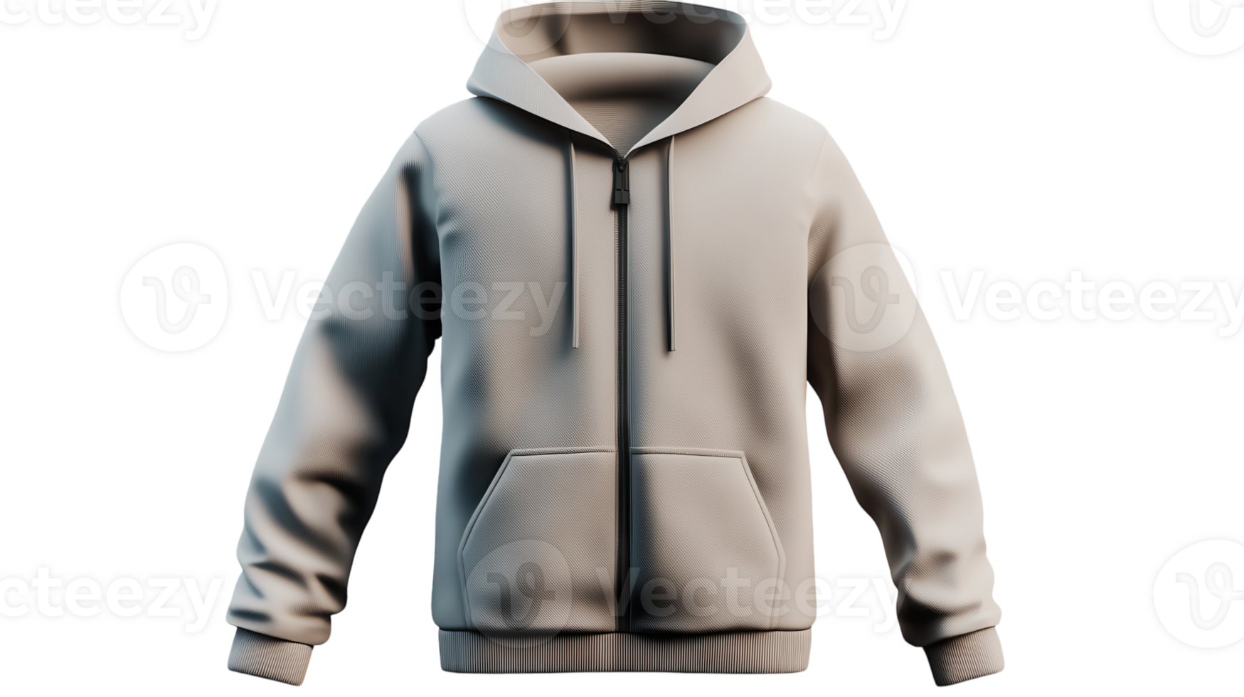 Neutral-colored zip-up hoodie displayed with a transparent background for apparel design or marketing use. png