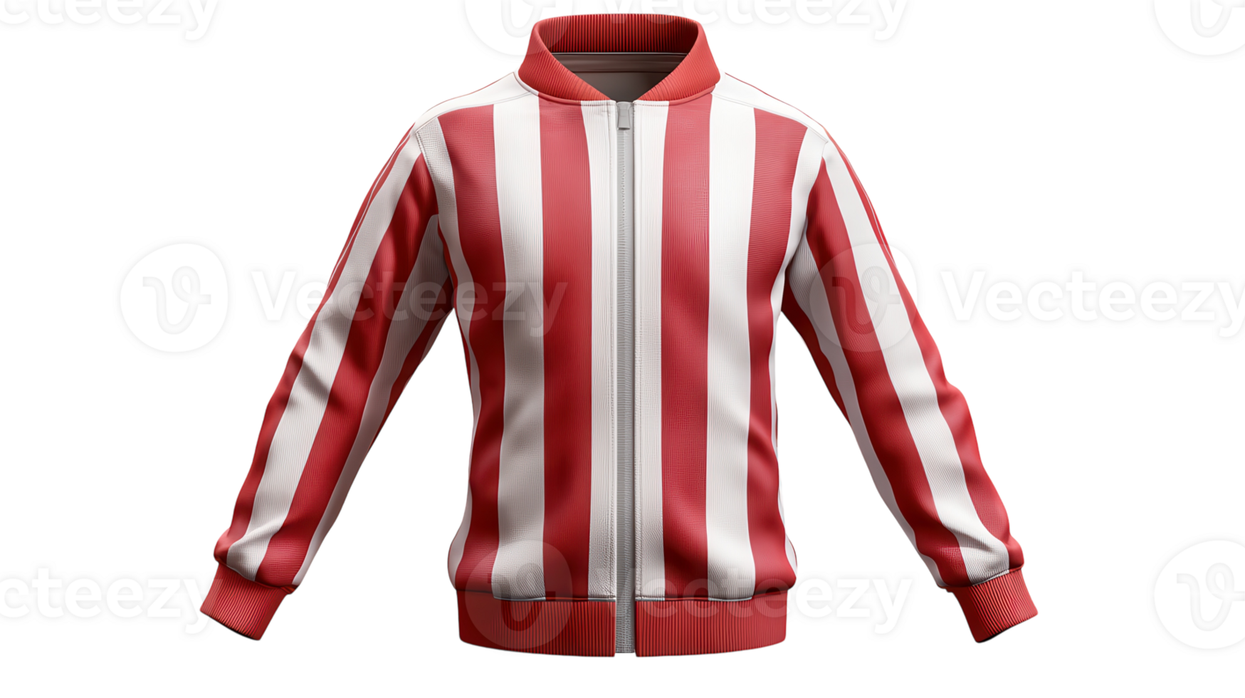 A red and white striped bomber jacket displayed on a transparent background showcasing its sporty and stylish design perfect for casual wear. png