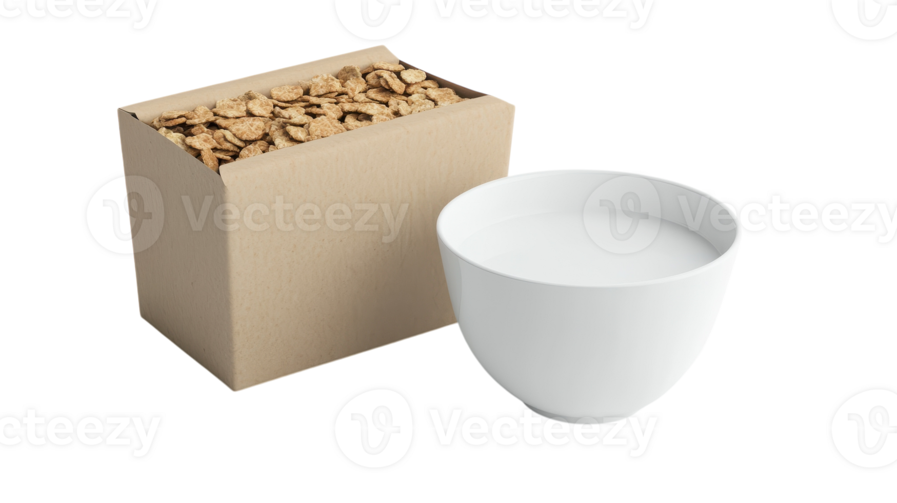A bowl of milk next to a box of cereal ready for breakfast on a clear background made for easy viewing. png