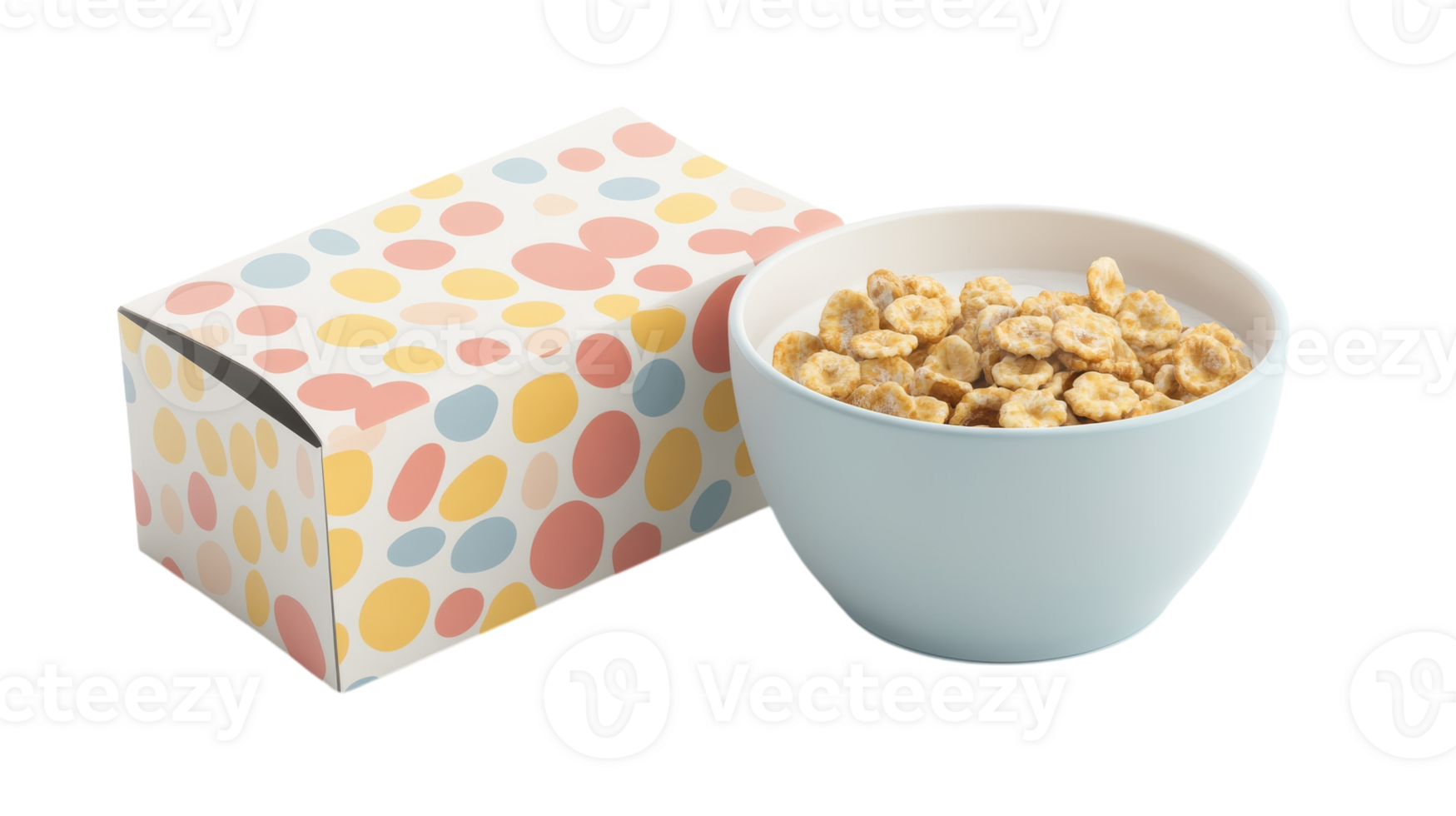 A colorful breakfast setup featuring a bowl of cereal alongside a decorated box on a light background. png