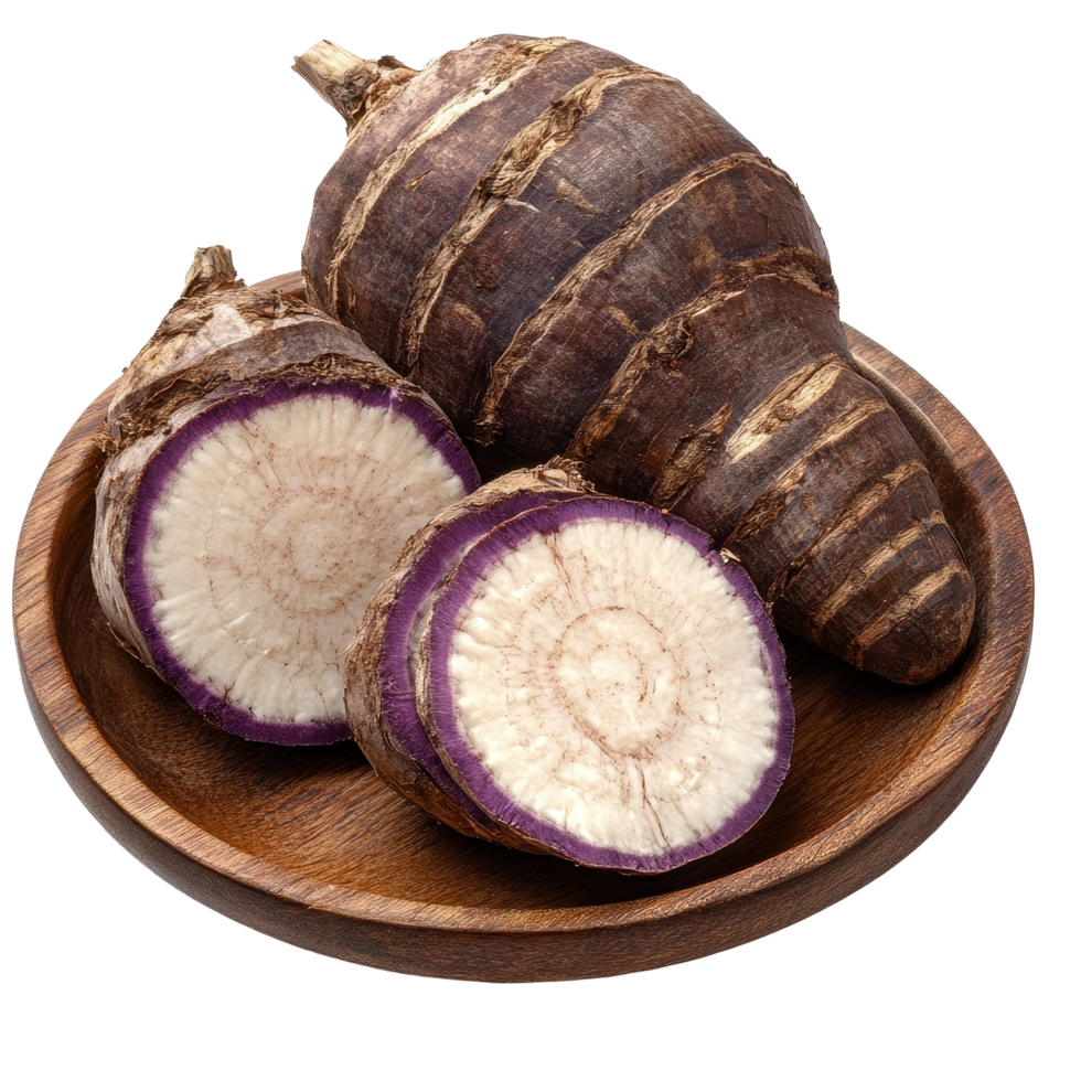Taro root displayed on a wooden plate isolated on a Transparent background highlighting its unique texture and color, taro root in plate isolated on background png