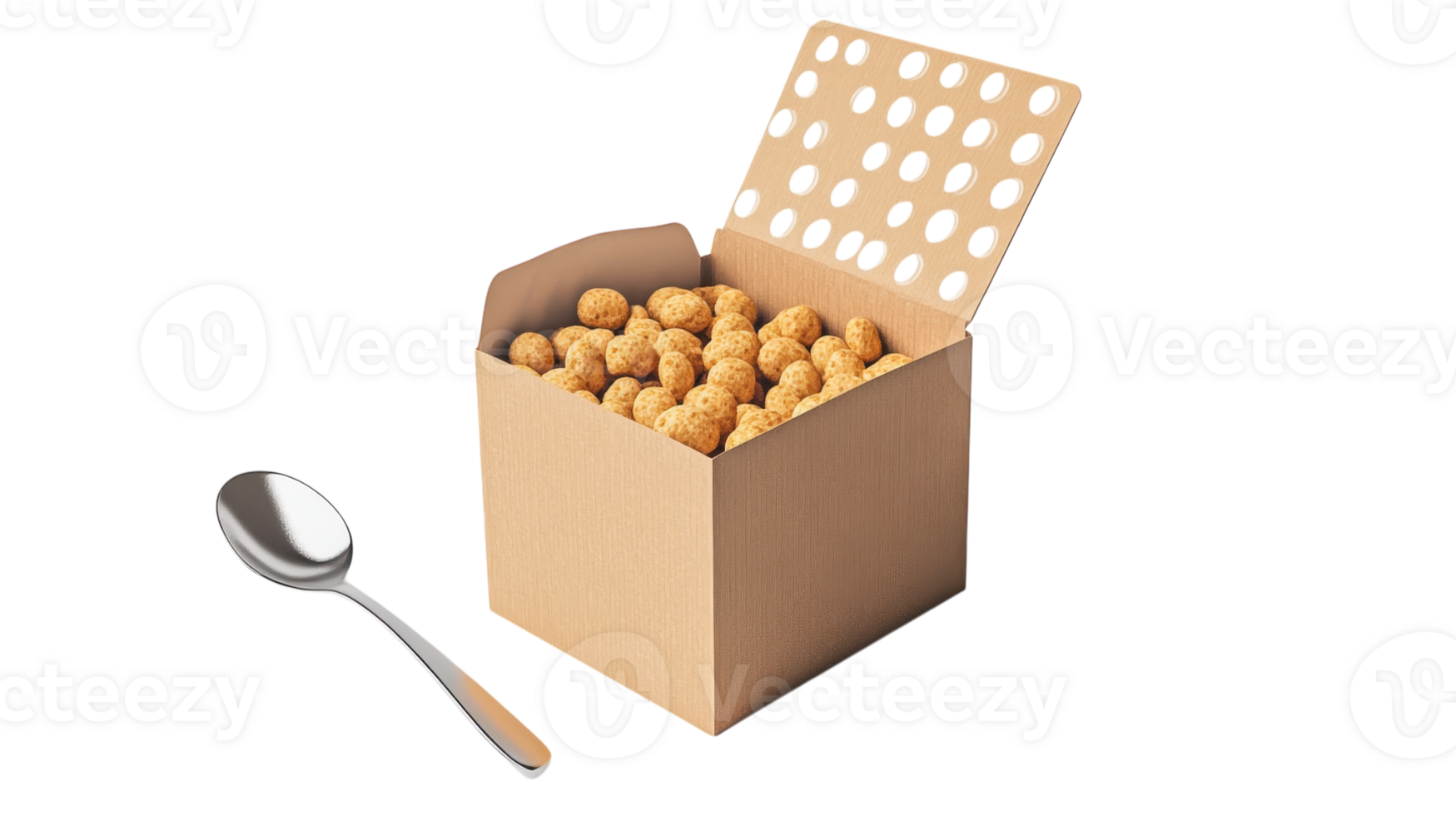 A simple cardboard box filled with crunchy cereal balls and a spoon placed beside it on a light background. png
