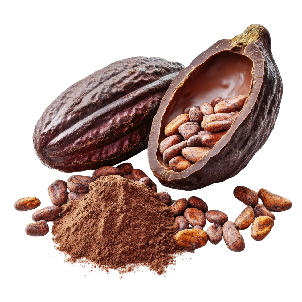 Fresh cocoa and cocoa beans displayed on a white background highlighting their natural texture and richness, Fresh cocoa isolated on white background png