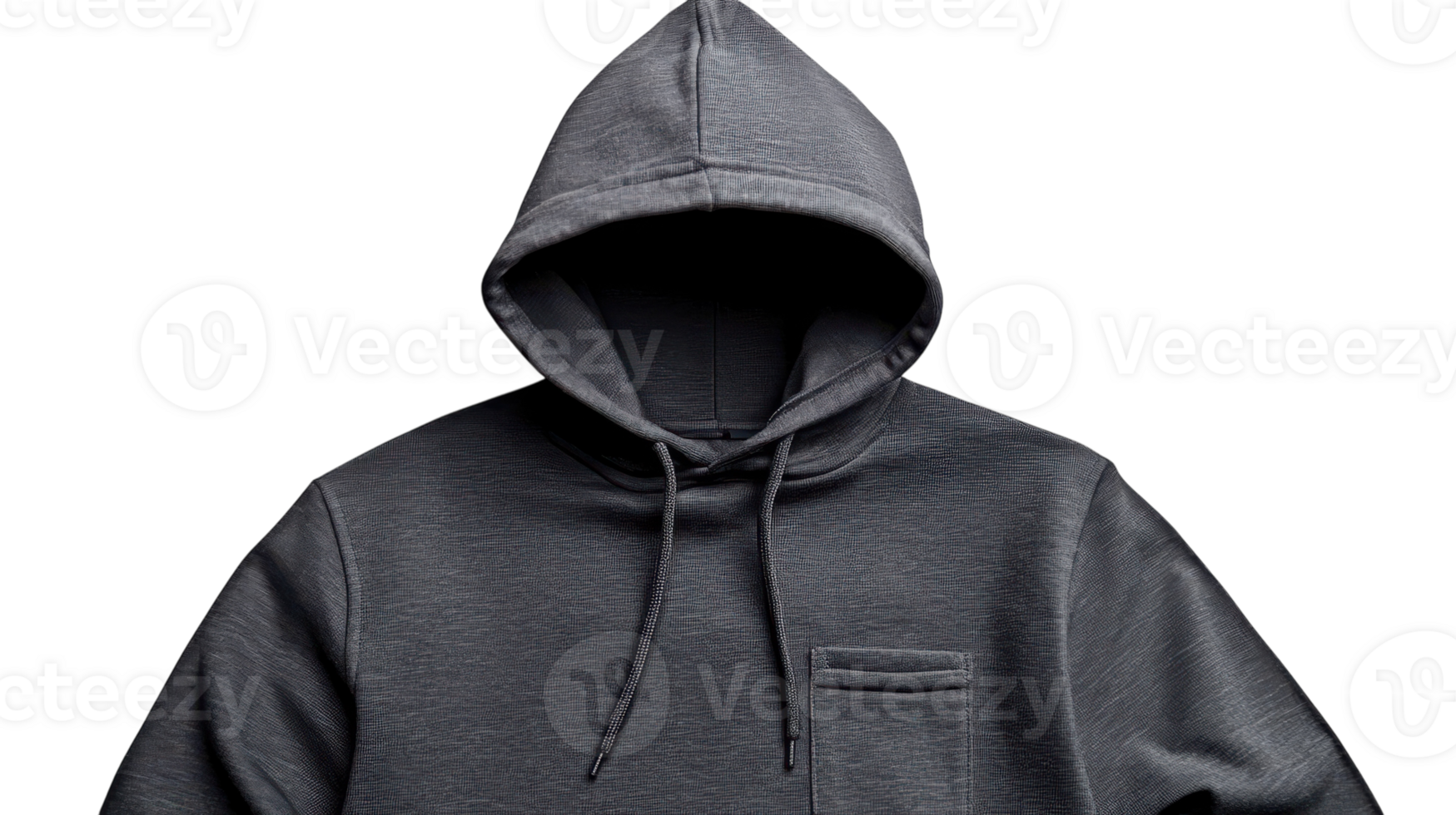 Black hoodie with a minimalist design, featuring a front pocket and drawstrings on the hood, isolated against a transparent background. png