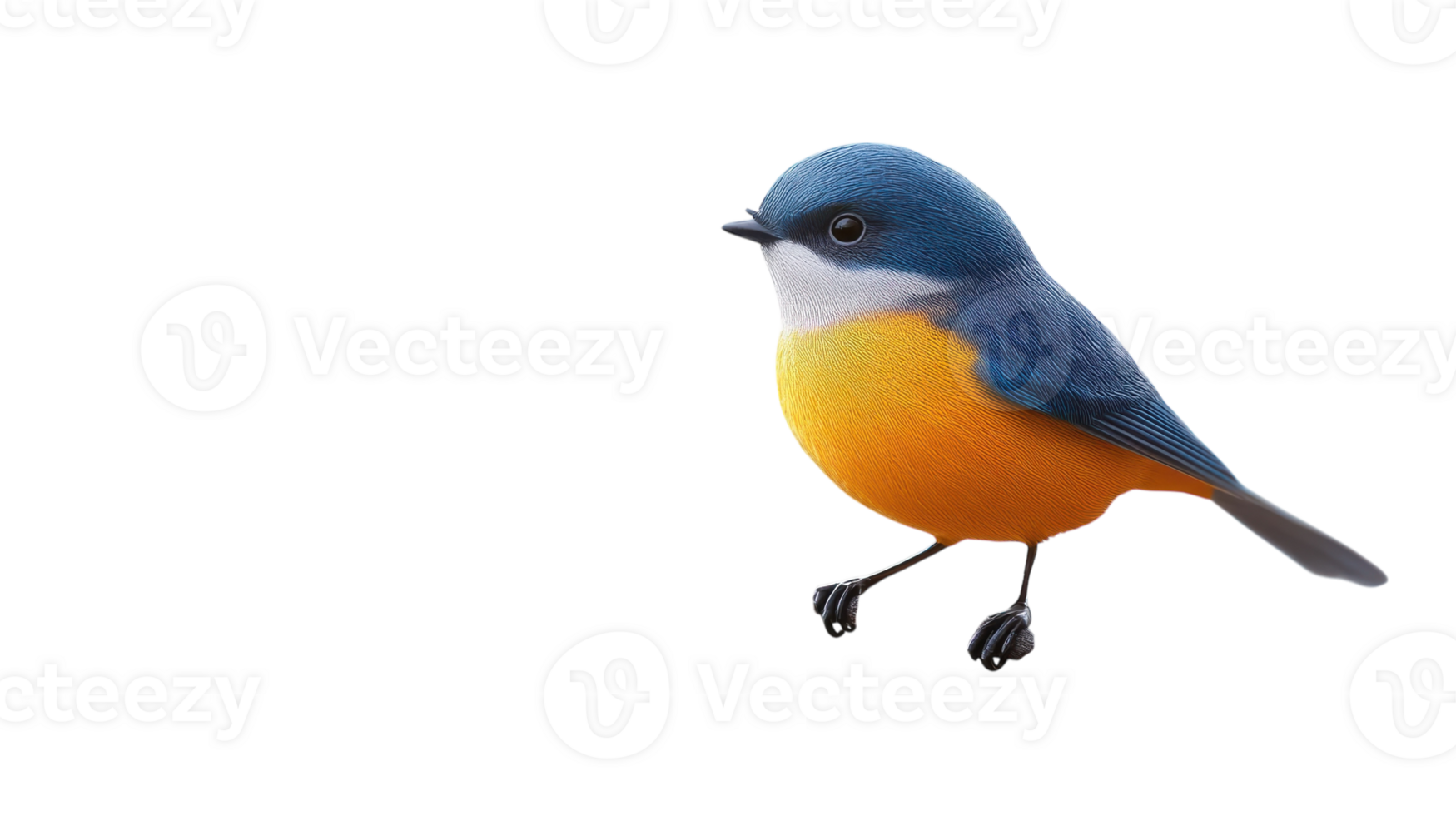 A small, vibrant bird with blue and orange feathers hopping on a transparent background in natural light. png