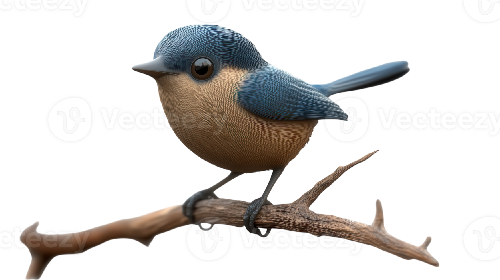 A small blue and brown bird perches on a slender branch in a tranquil outdoor setting during daylight. png