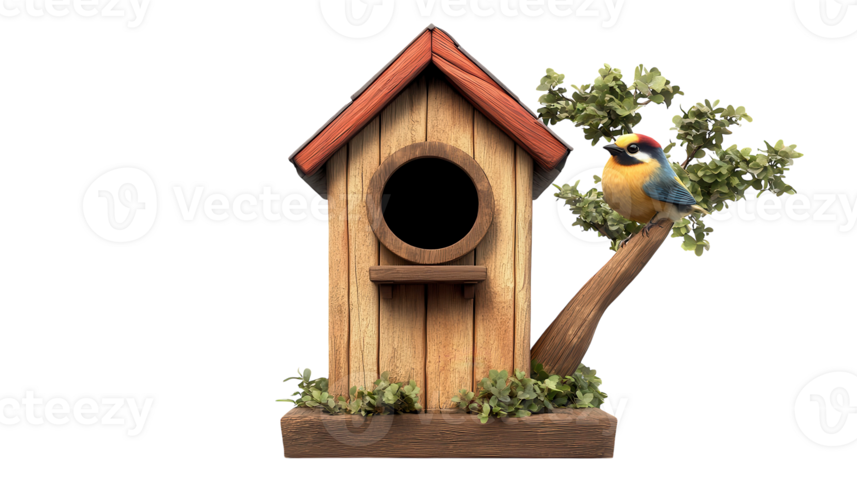 A colorful bird perched beside a charming wooden birdhouse with a green tree and foliage designed for garden decoration. png