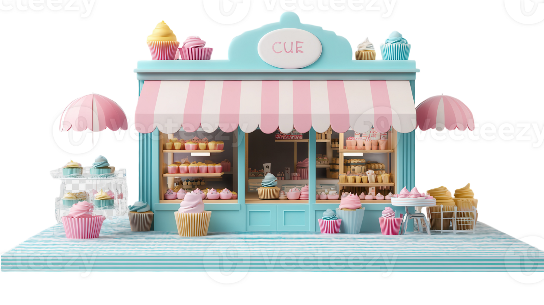 Colorful cupcake shop display featuring various treats, located in a cheerful setting, perfect for dessert lovers and bakers. png