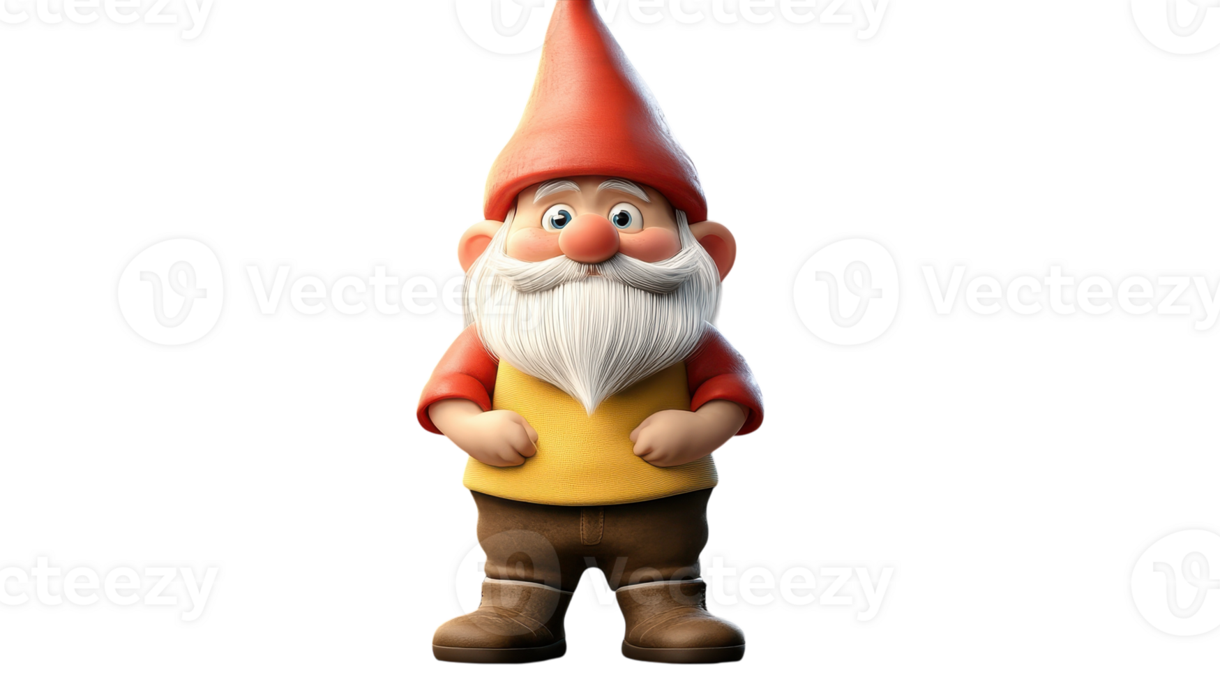 A cheerful garden gnome stands proudly with hands on hips wearing a red cap, yellow shirt, and brown pants against a transparent background. png