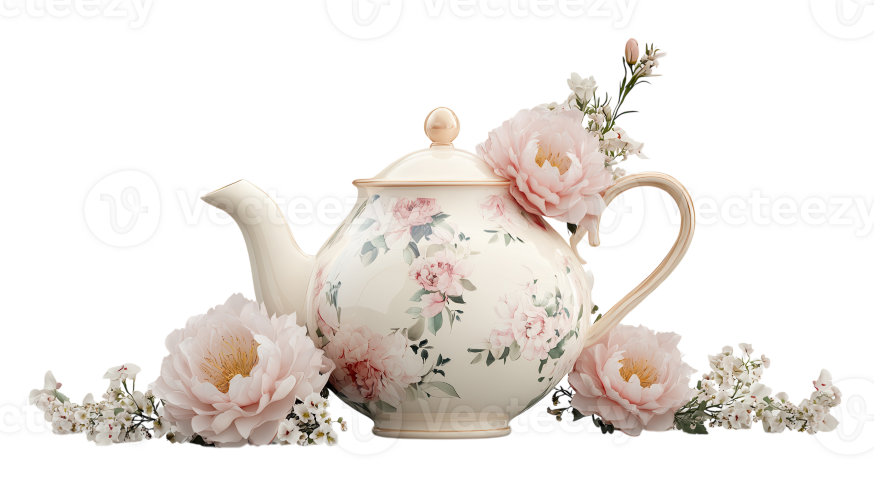 Elegant porcelain teapot adorned with pastel flowers, showcasing classic craftsmanship and vintage charm in a serene arrangement. png
