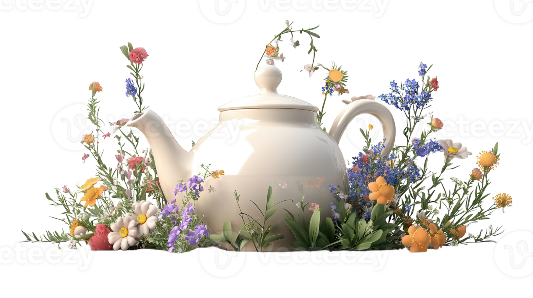 A white ceramic teapot surrounded by a vibrant array of wildflowers in a sunny garden setting during springtime. png