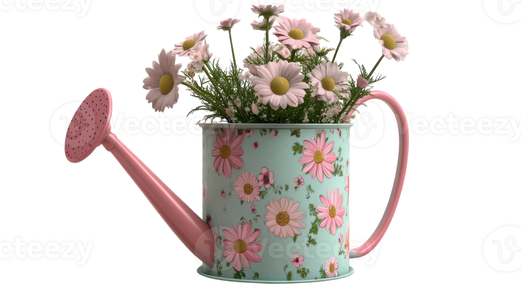 A charming pastel watering can filled with daisies, showcasing vibrant flowers against a clear background. png