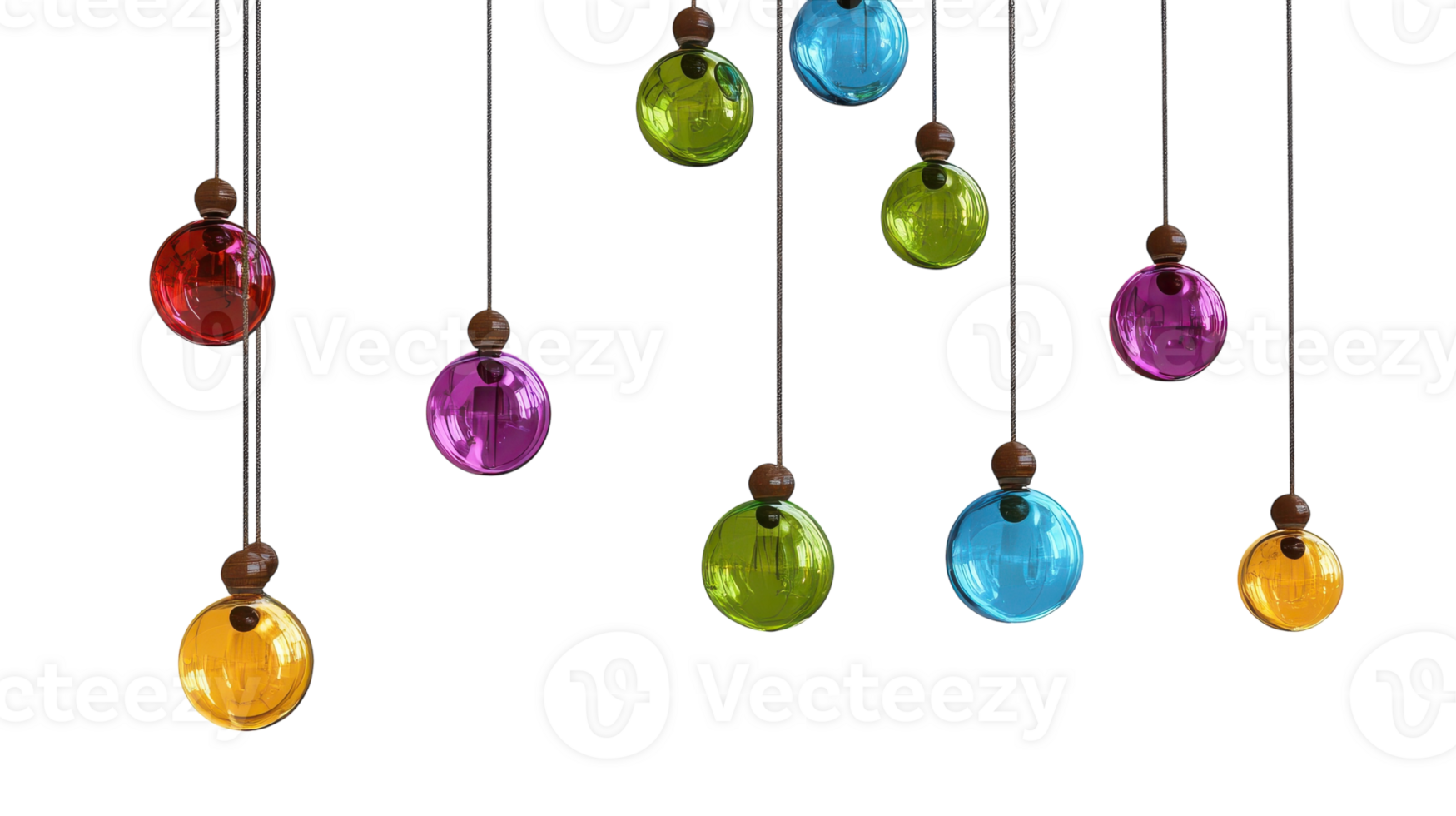 Colorful hanging glass ornaments in various shades, creating a vibrant display of light and reflection against a transparent background. png