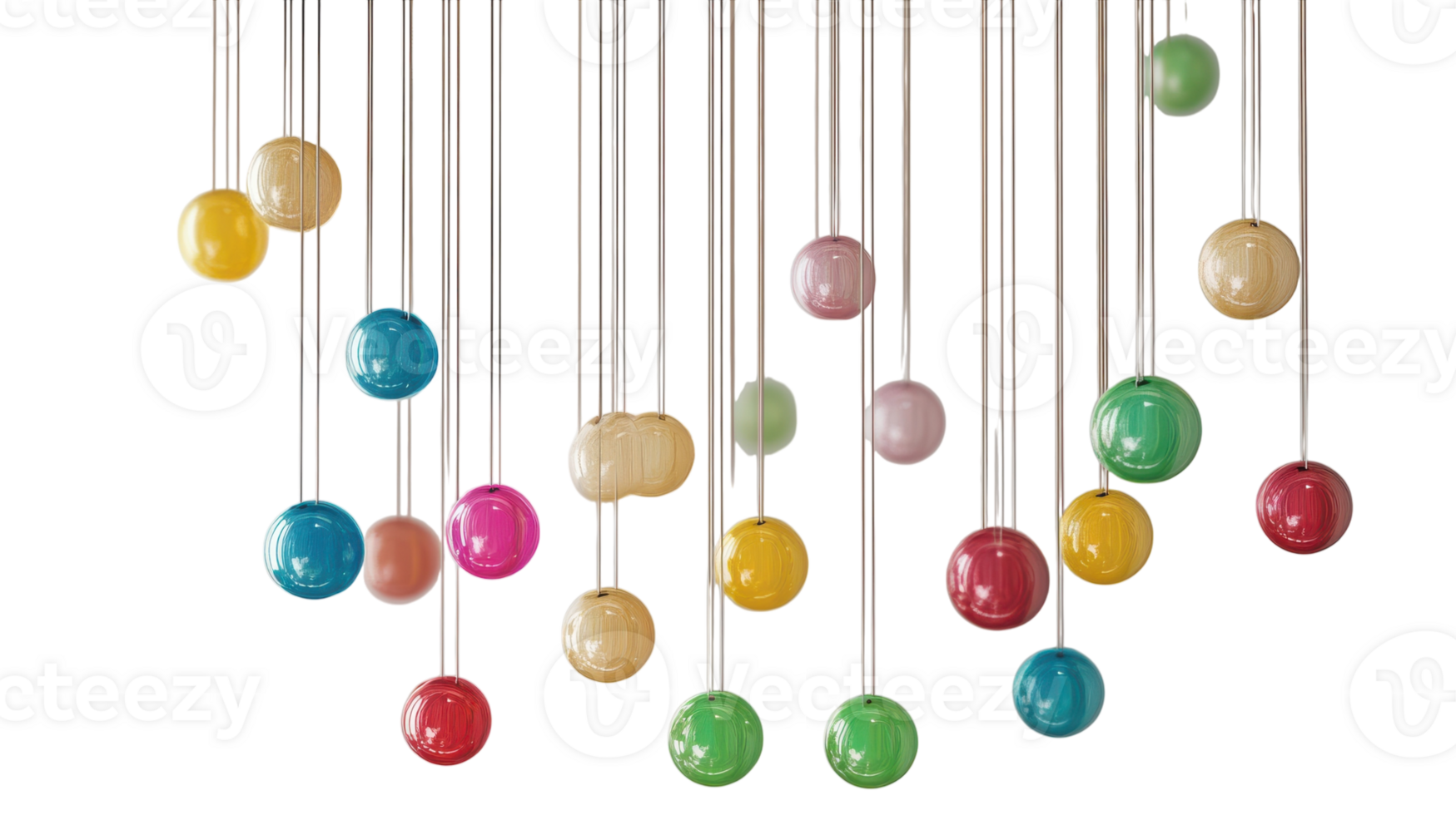 Colorful hanging orbs suspended from thin strings create a vibrant display in a bright indoor space, adding a playful atmosphere. png