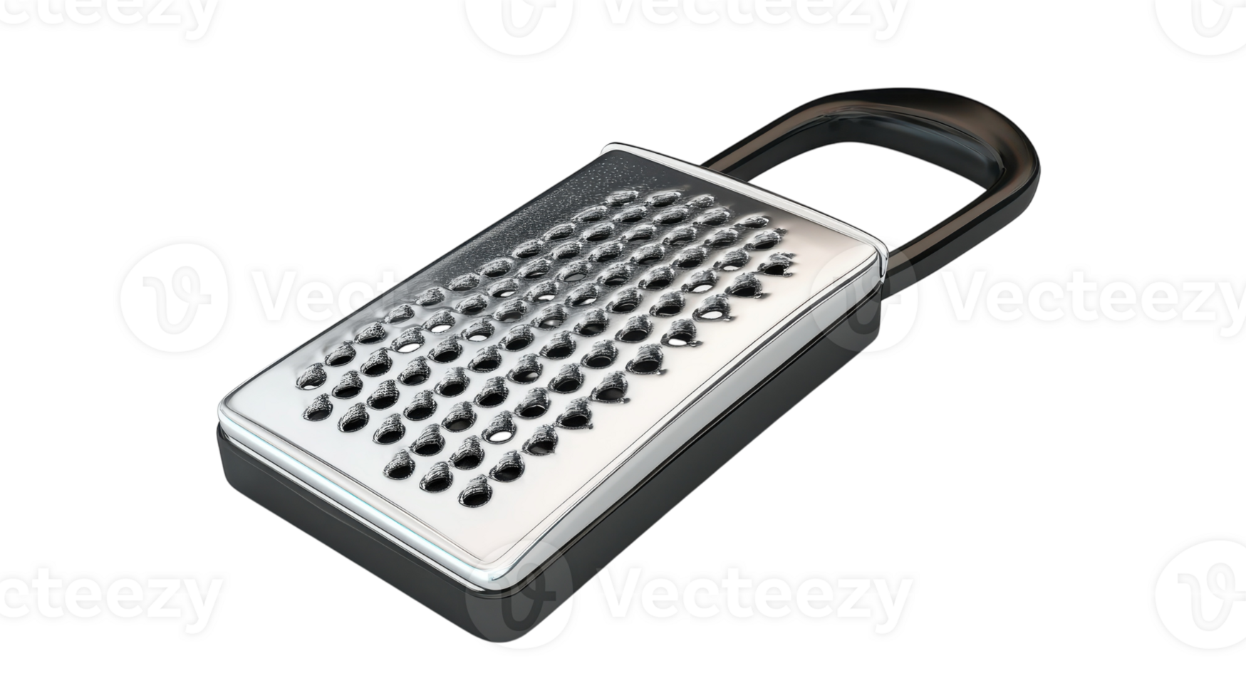 A silver and black padlock designed to resemble a cheese grater, showcasing unique features and a creative structure against a transparent background. png